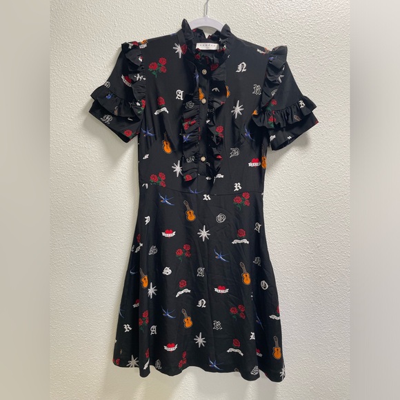 Sandro Wendy Tattoo Print Dress Silk Ruffle Trim Aline Side Zipper Size 2 $495 - Picture 3 of 11